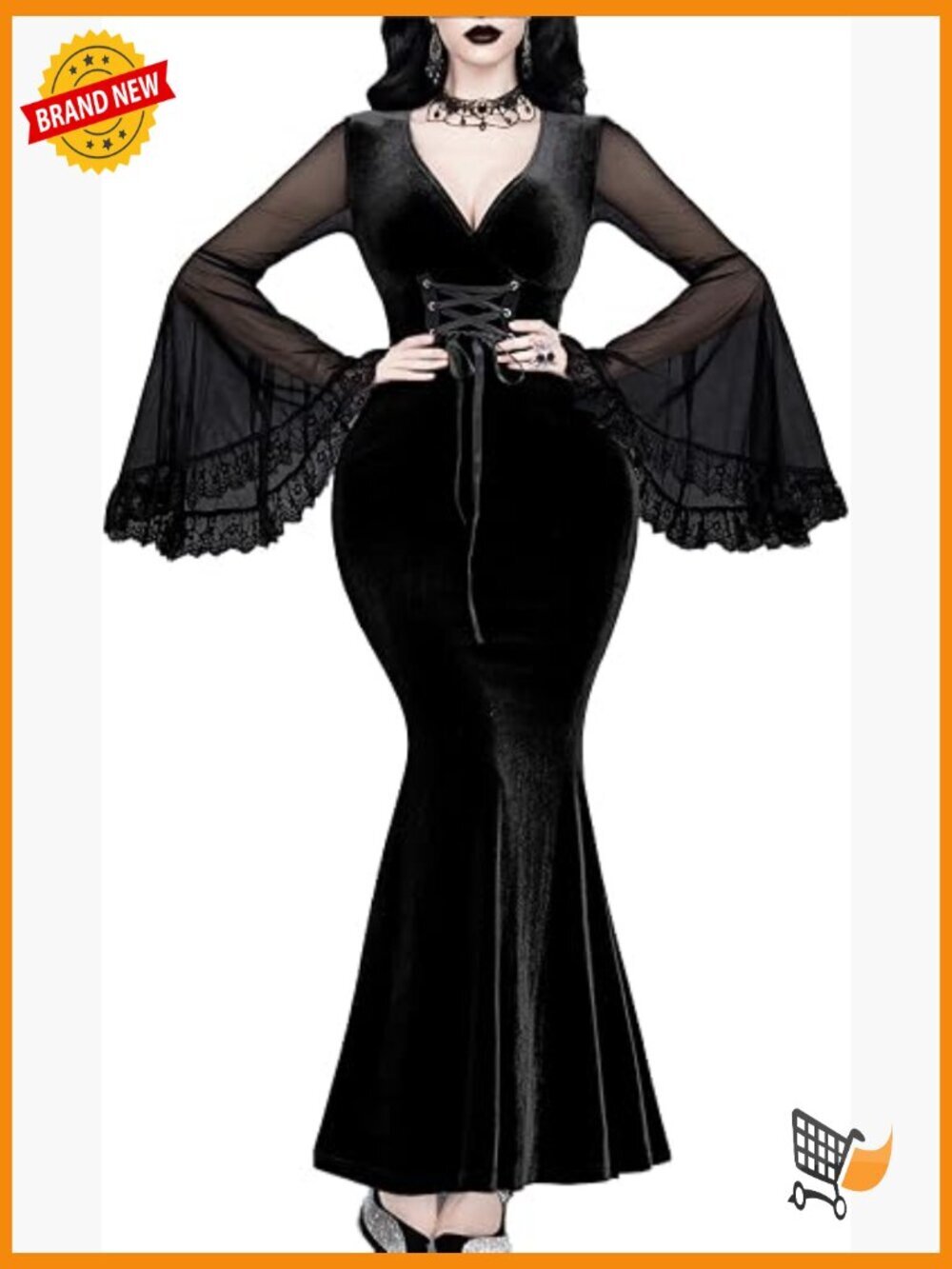 Gothic Lace-Up V-Neck Mermaid Maxi Dress for Dark Halloween